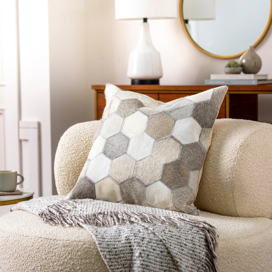 Fayet Pillow - 18902 by Surya in off-white, light silver, ash, slate grey taupe, light grey, sage. Made from front: 100% leather, back: 100% cotton in a modern style.