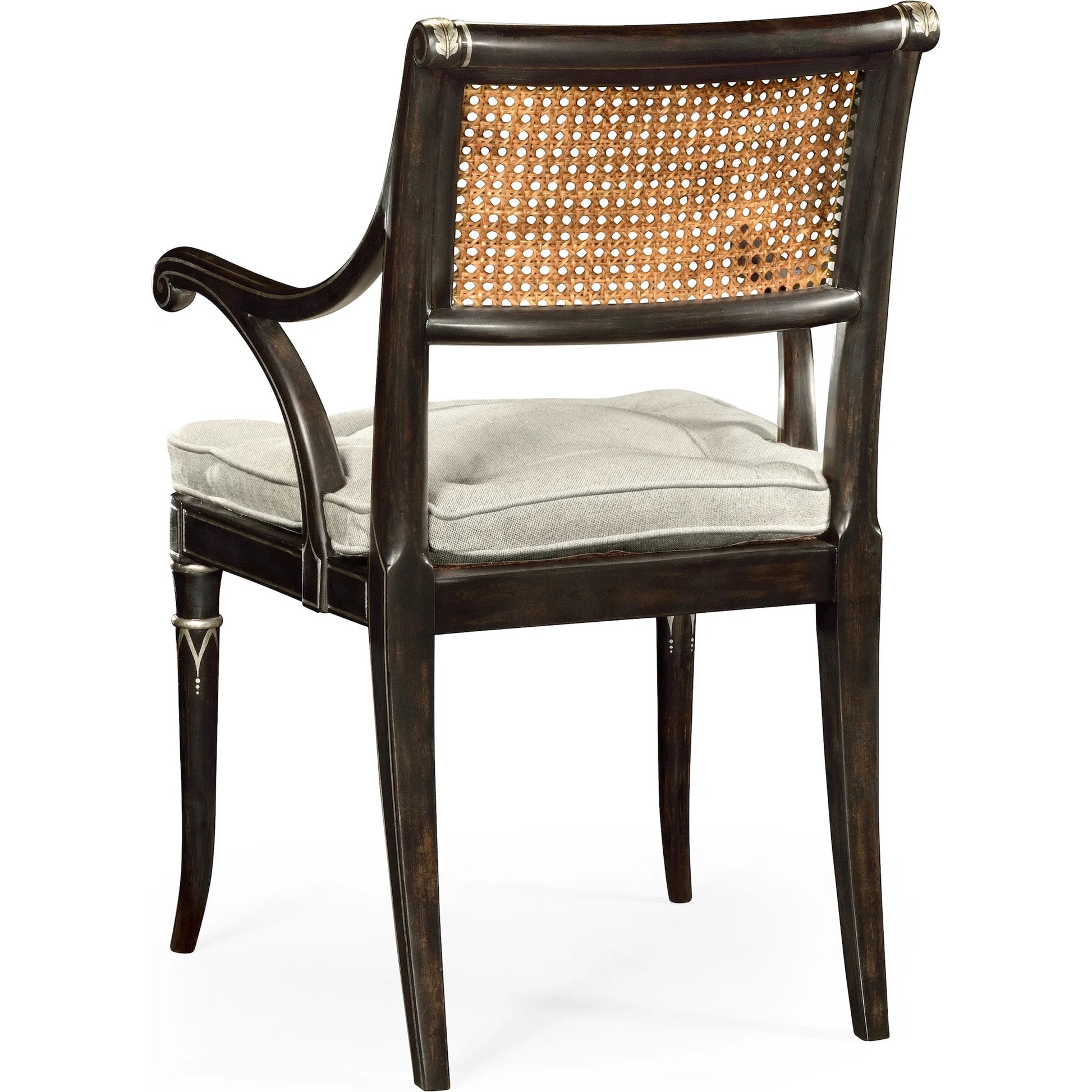 William Yeoward Linden Dining Arm Chair by Jonathan Charles in charcoal wash. Made from acacia, foam, fabric, cane in a traditional style.