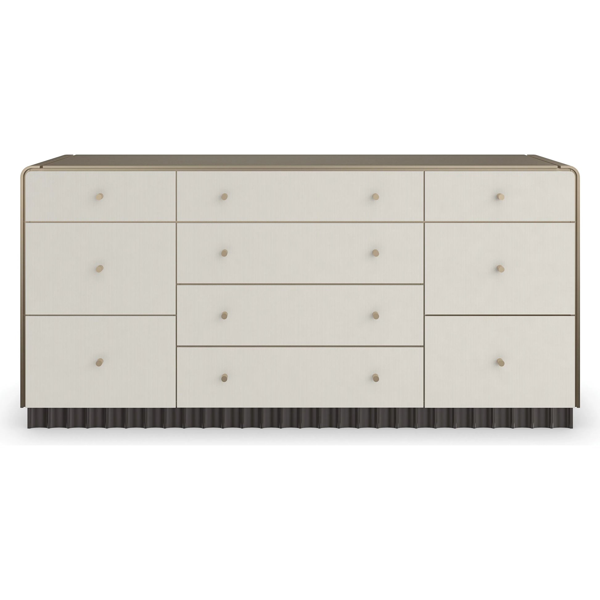 Circadian Dresser by Caracole in dark chocolate, gold and ivory, brushed whisper of gold paint, dark chocolate. Made from poplar in a modern style.