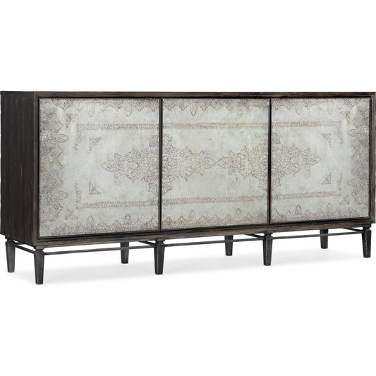 Rosella Console by Hooker Furniture in dark wood. Made from glass, hand paintng, oak veneers in a modern style.