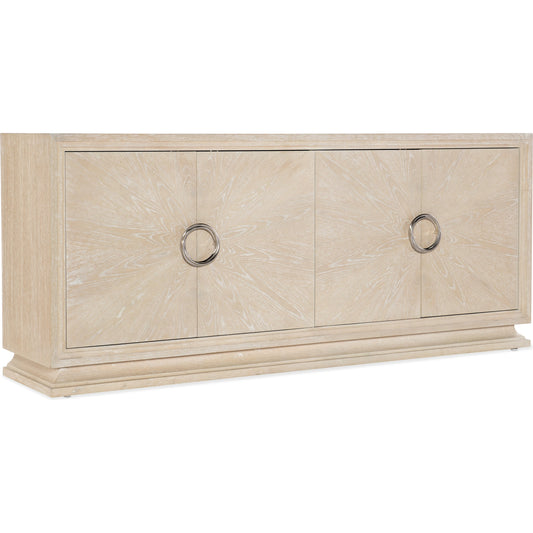 Nouveau Chic Entertainment Console by Hooker Furniture in sandstone. Made from oak veneers in a modern style.