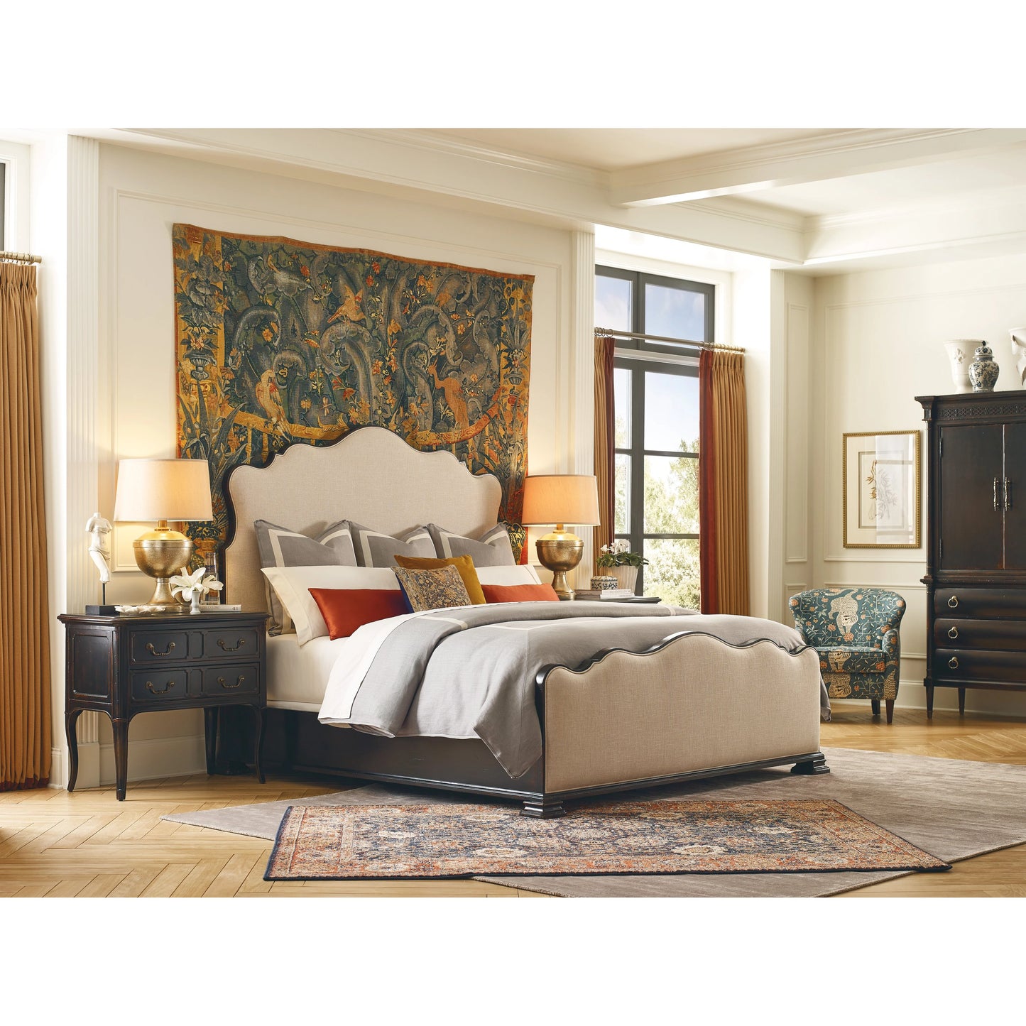 004 SI-2029048,SI-2029049 | Lifestyle | Charleston Upholstered Bed by Hooker Furniture in chateau linen and black cherry. Made from cherry veneers, fabric in a transitional style.