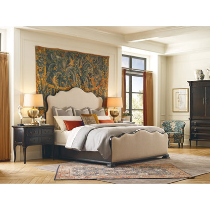 Charleston Upholstered Bed by Hooker Furniture in chateau linen and black cherry. Made from cherry veneers, fabric in a transitional style.