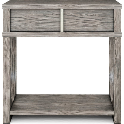Vault Nightstand by A.R.T. Furniture in gray and mink. Made from parawood solids, white oak veneers in a modern style.