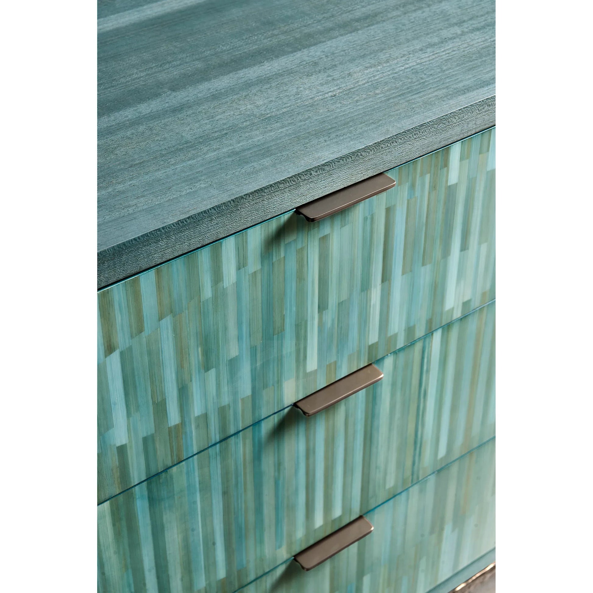 Seaglass Bunching Chest by Jonathan Charles in blue and blue straw. Made from koto veneer, stainless steel, straw in a eclectic & global style.