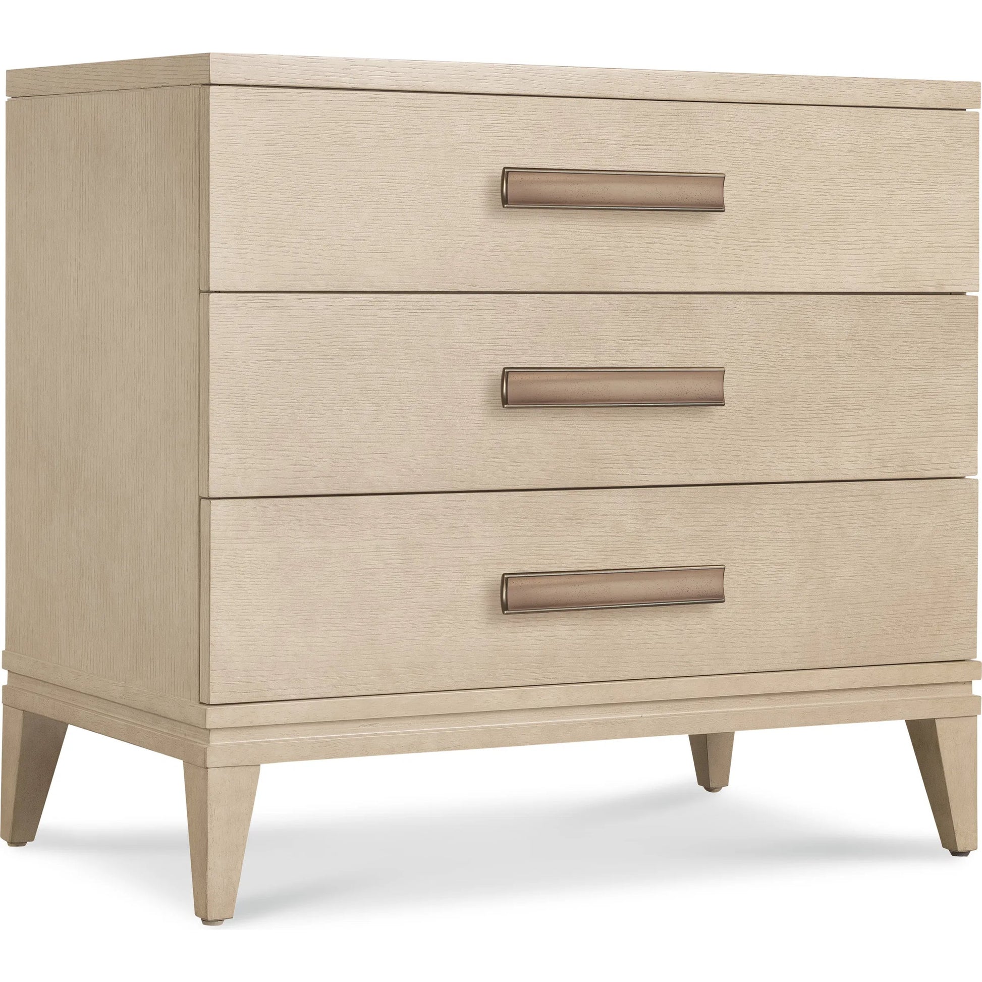 Westwood Three-Drawer Nightstand by Hooker Furniture in light wood and polished limestone. Made from oak veneers in a transitional style.