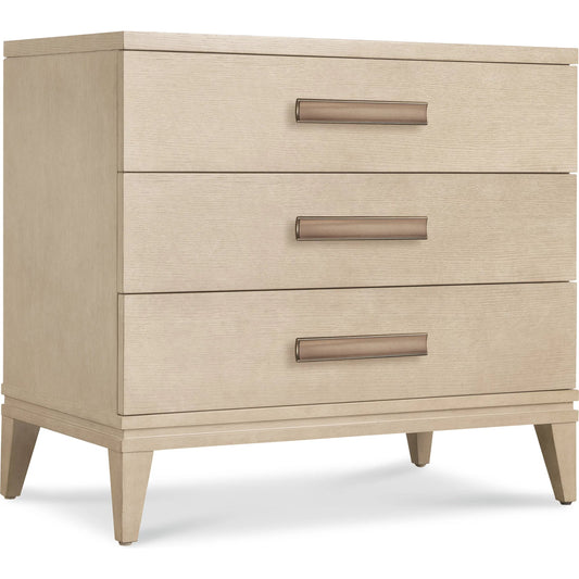 Westwood Three-Drawer Nightstand by Hooker Furniture in light wood and polished limestone. Made from oak veneers in a transitional style.