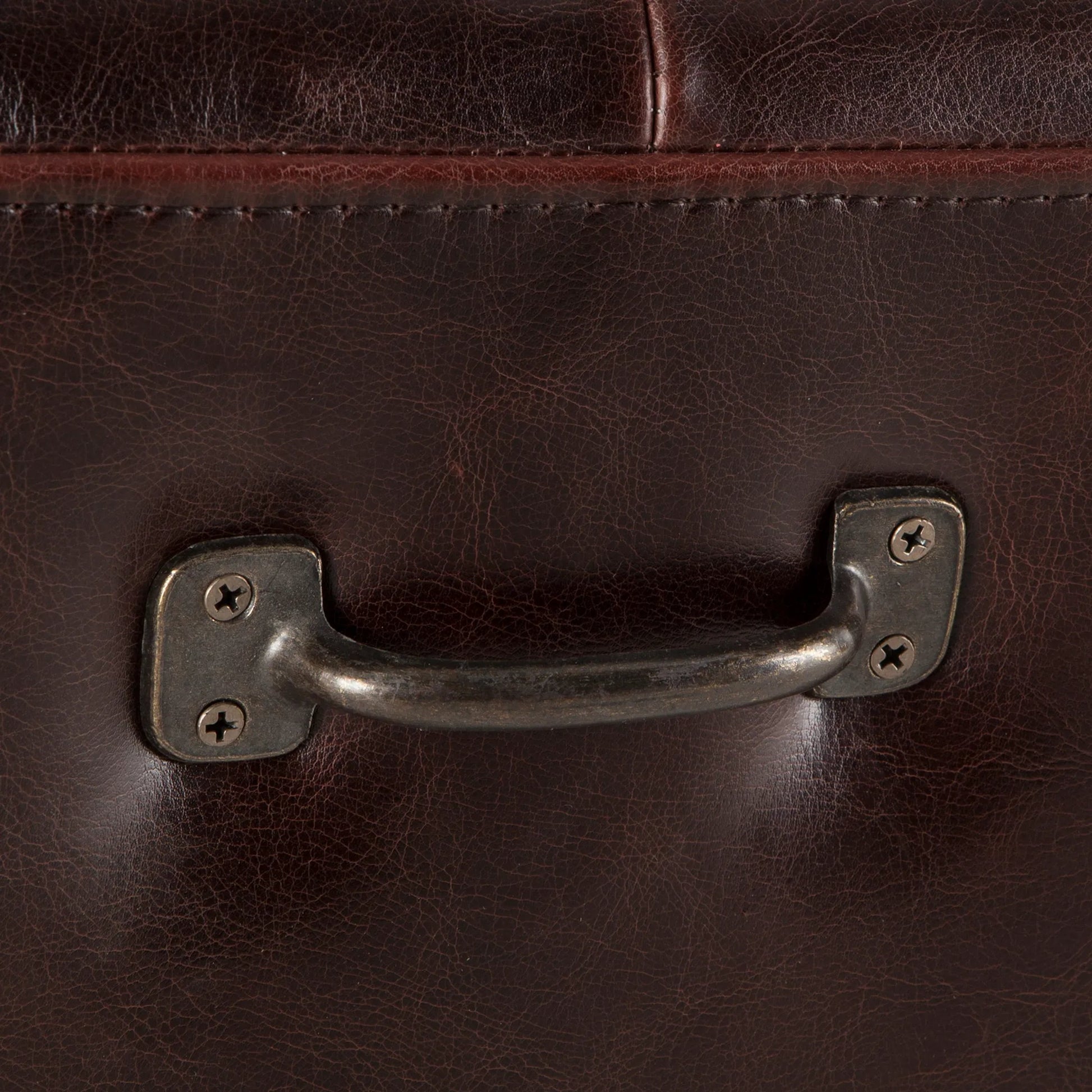 Arabella Leather Bench by World Interiors in brown and antique bronze. Made from birch wood, iron, bi-cast leather in a modern style.