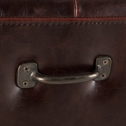 Arabella Leather Bench by World Interiors in brown and antique bronze. Made from birch wood, iron, bi-cast leather in a modern style.