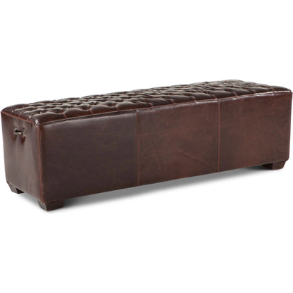 Arabella Leather Bench by World Interiors in brown and antique bronze. Made from birch wood, iron, bi-cast leather in a modern style.