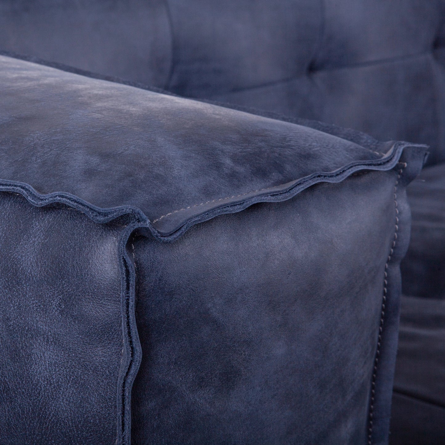 005 SI-2065593 | Closeup | Portia Italian Leather Sofa by World Interiors in antique blue. Made from italian leather, wood, foam in a modern style.