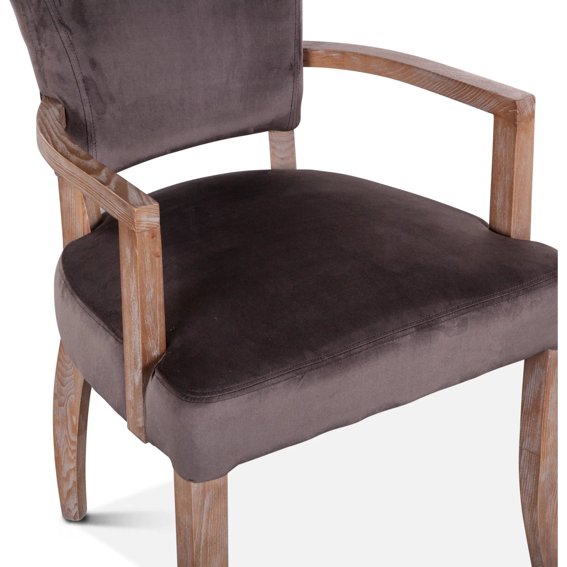 Portia Armchair by World Interiors in dark gray, whitewash and whitewash. Made from oak wood, velvet in a modern style.