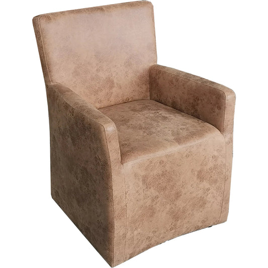 Lily 25" Tan Leather Wheeled Arm Chair by World Interiors in brown and distressed. Made from linen, cotton, polyester blend fabric, birch wood in a unique style.