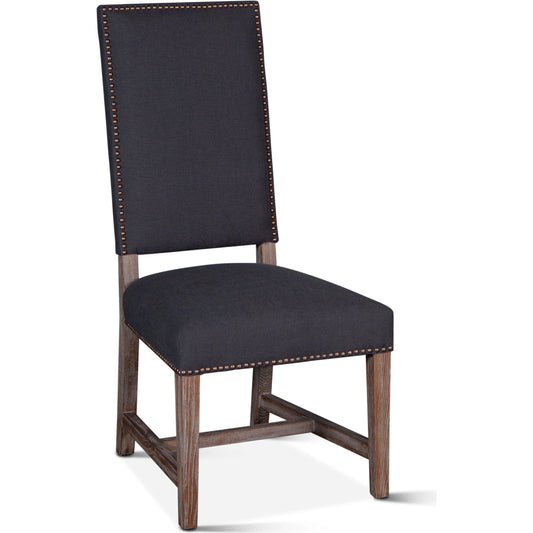 Dani High Back Dining Chair by World Interiors in gray wash. Made from linen, foam, wood, iron studs in a modern style.