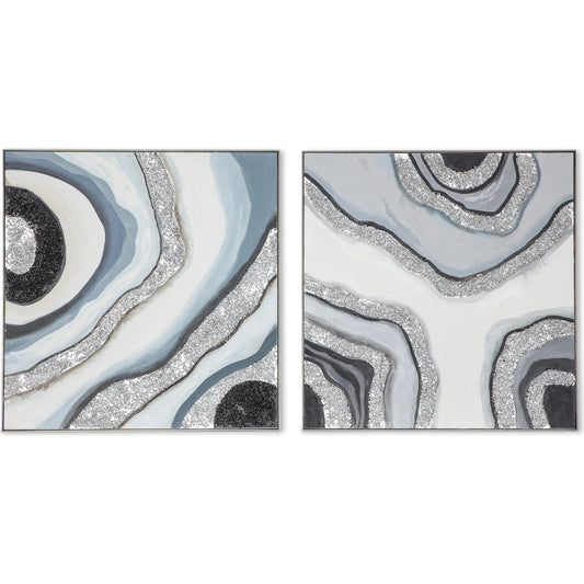 Gemstone Grace Hand Painted Framed Diptych (Set of 2) by World Interiors in blue, silver, black, gray, white. Made from canvas fabric in a unique style.