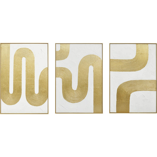 Pulse Pattern Hand Painted Framed Triptych (Set of 3) by World Interiors in gold, white. Made from canvas fabric in a unique style.