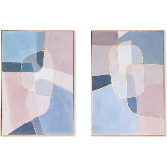 Shattered Symphony Hand Painted Framed Diptych (Set of 2) by World Interiors in blue, gold, white, pink, gray. Made from canvas fabric in a unique style.