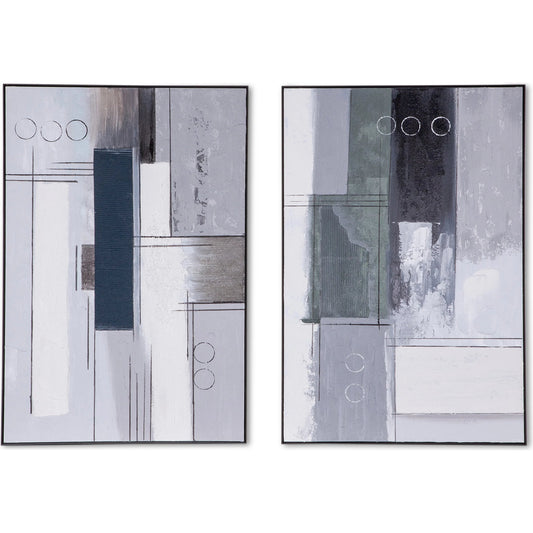 Parallel Horizons Hand Painted Framed Diptych (Set of 2) by World Interiors in blue, navy, gray, white, tan, green. Made from canvas fabric in a unique style.