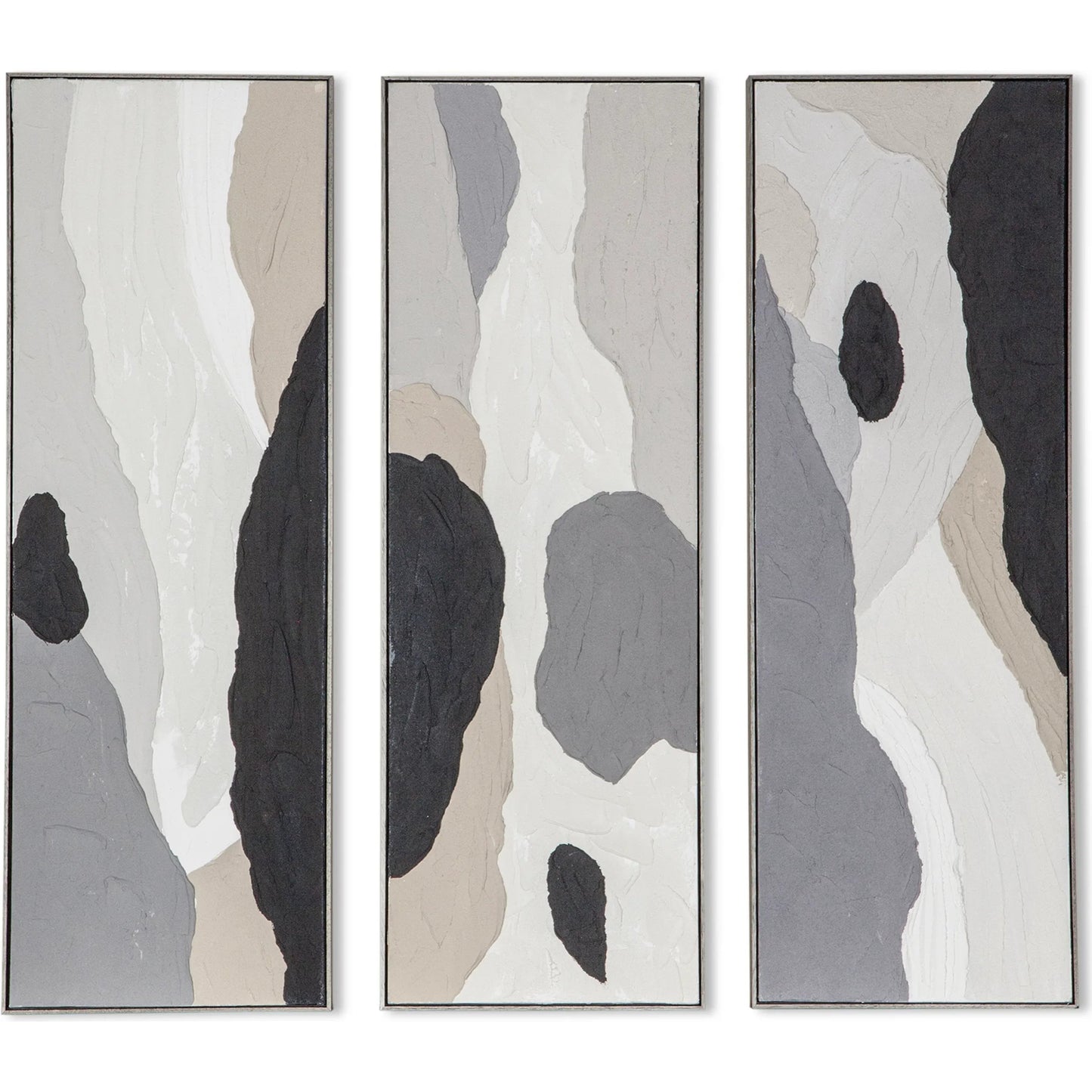 001 SI-2445178 | Primary Silo | Distorted Illusions Hand Painted Framed Triptych by World Interiors in black, white, gray, cream, beige. Made from canvas fabric in a eclectic & global style.