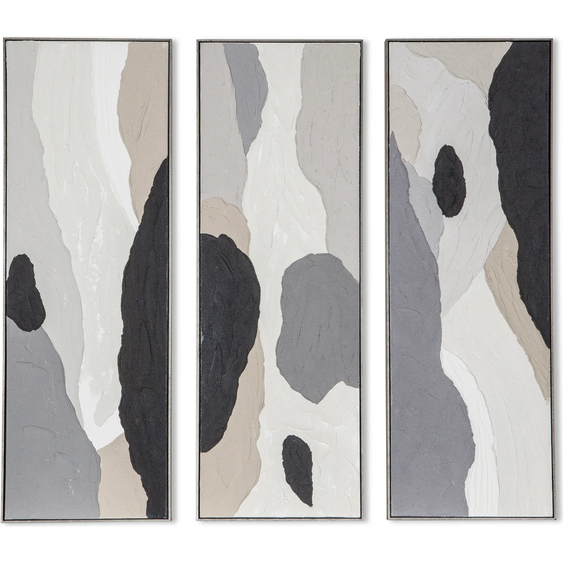 Distorted Illusions Hand Painted Framed Triptych by World Interiors in black, white, gray, cream, beige. Made from canvas fabric in a eclectic & global style.