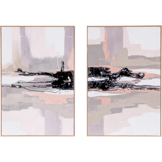 Beyond the Veil Hand Painted Framed Diptych (Set of 2) by World Interiors in pink, black, white, gray, beige. Made from canvas fabric in a unique style.