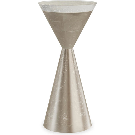 Spy Glass Accent Table by Caracole in taupe silver leaf. Made from asian hardwood, glass in a unique style.