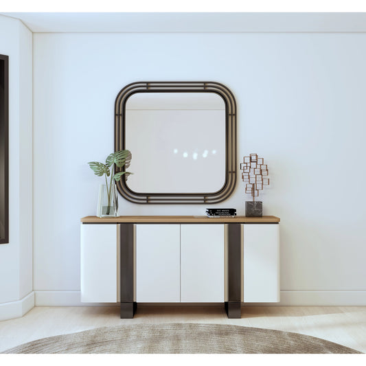 Portico Credenza by A.R.T. Furniture in sienna, white plaster, matte black. Made from parawood solids, mindi veneers, resin in a modern style.