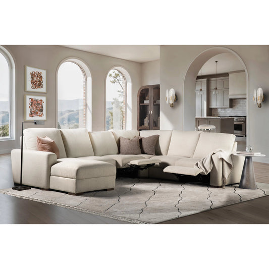 Optimus Five-Seat Sectional by Hooker Furniture in beige and dark wood. Made from fabric, matera pearl (performance), fabric contents: 100% polyester, cleaning code: ws (clean water-based stains, water-based cleaning agent, cle