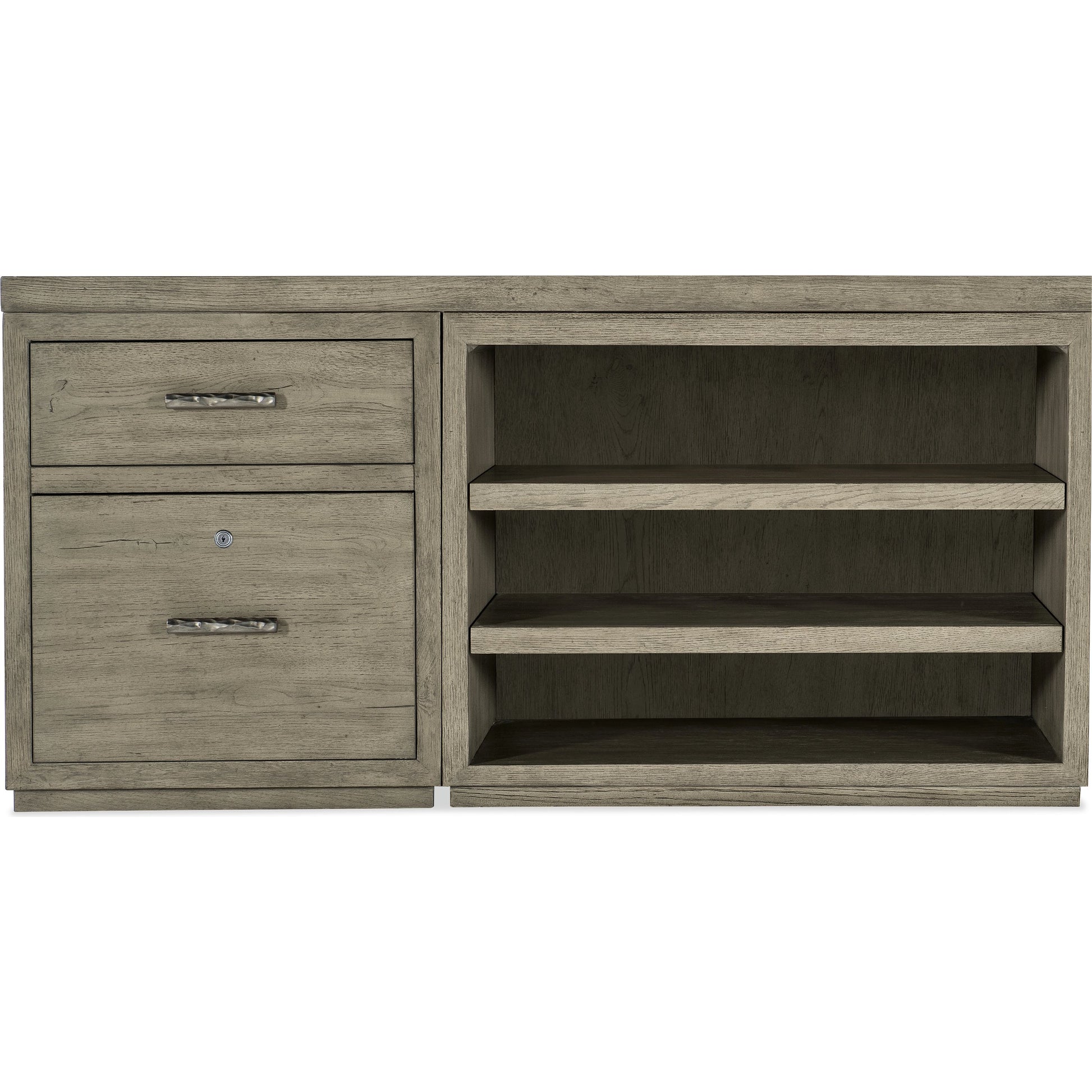 Linville Falls Credenza with Small File and Open by Hooker Furniture in mink, antique pewter. Made from oak veneers in a modern style.