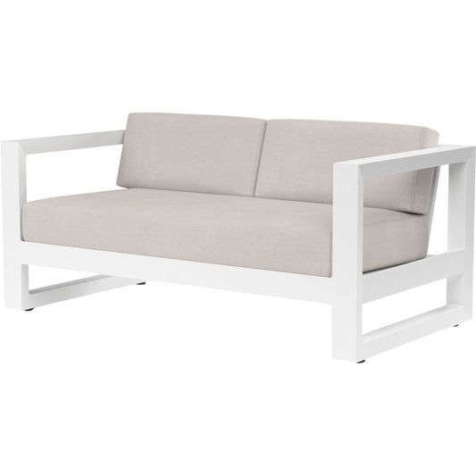 Newport Outdoor Loveseat by Sunset West in whites/creams/beiges. Made from aluminum in a modern style.