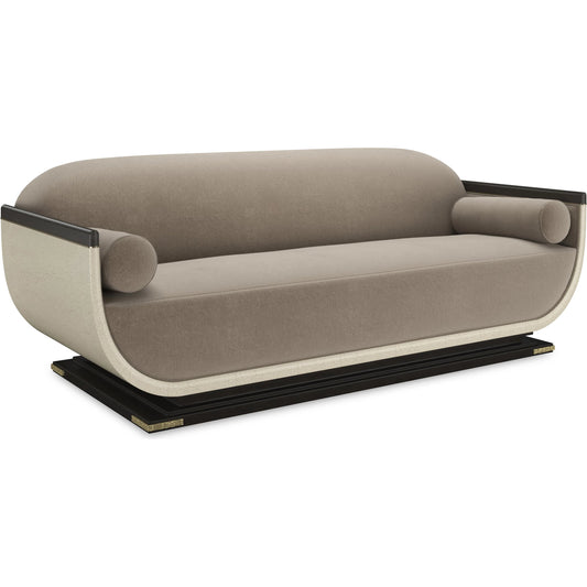 Helena Sofa by Caracole in ivory craze, charred bark, brushed gold paint, brushed gold. Made from asian hardwood in a unique style.