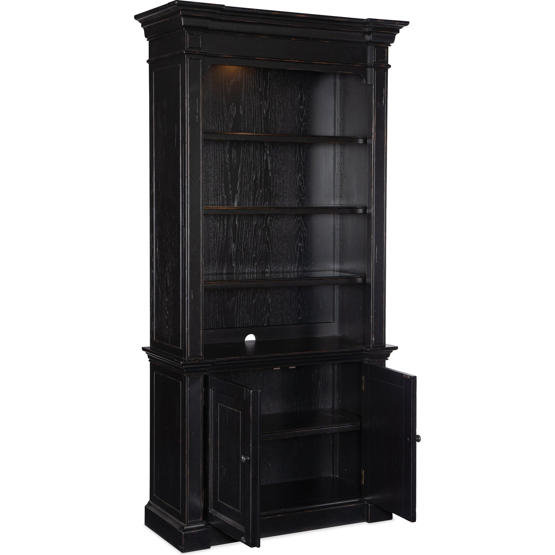 Bristowe Bookcase by Hooker Furniture in tuxedo black. Made from pecan veneers in a modern style.