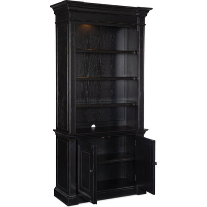 Bristowe Bookcase by Hooker Furniture in tuxedo black. Made from pecan veneers in a modern style.