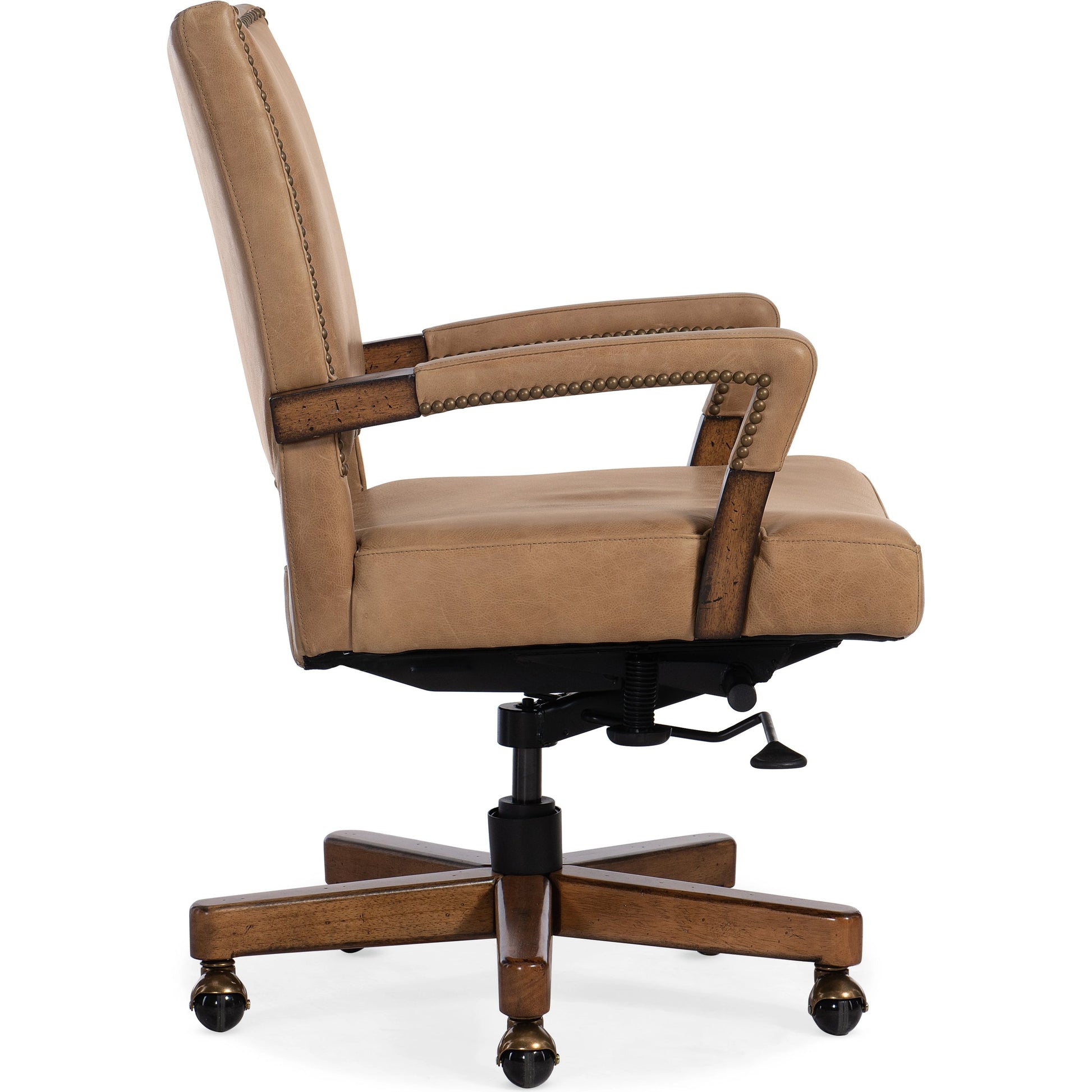Chace Executive Swivel Tilt Chair by Hooker Furniture in vernerando latte and dark wood, brown. Made from leather, venerando latte (aniline top grain) in a modern style.