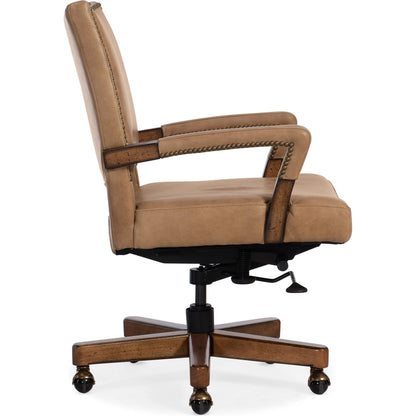 Chace Executive Swivel Tilt Chair by Hooker Furniture in vernerando latte and dark wood, brown. Made from leather, venerando latte (aniline top grain) in a modern style.
