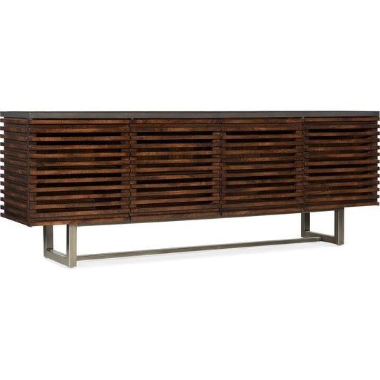 Solstice Entertainment Console by Hooker Furniture in medium brown. Made from elm, poplar veneers with metal in a modern style.