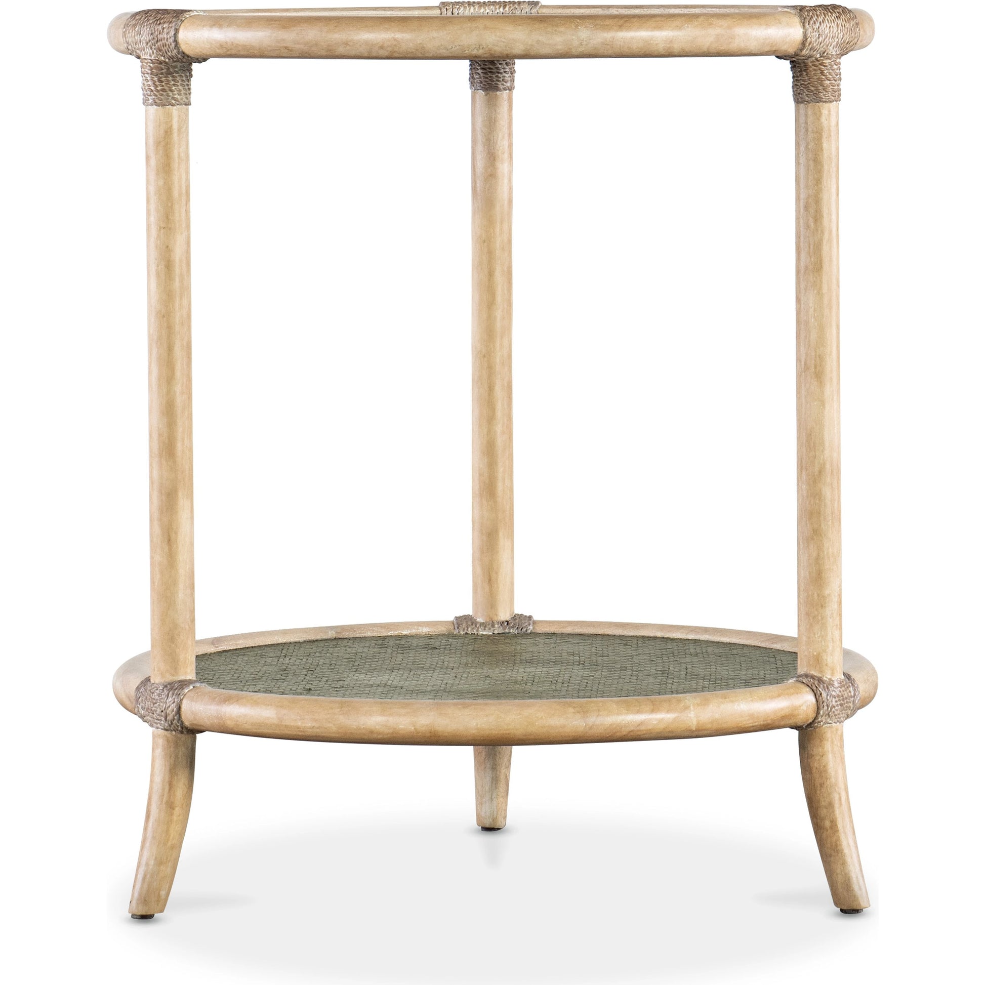 Retreat Raffia End Table by Hooker Furniture. Made from maple veneers, engineered raffia, rope, tempered glass in a cottage & farmhouse style.
