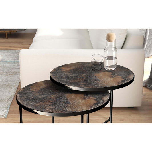 Commerce & Market Bunching Cocktail Tables by Hooker Furniture in black, gray. Made from hammered aluminum, carbon steel in a transitional style.