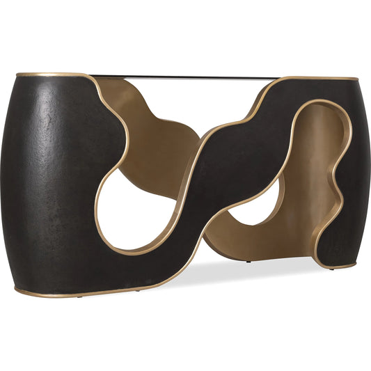 Melange Even and Flow Console Table by Hooker Furniture in black, gold accents. Made from resin, glass in a modern style.