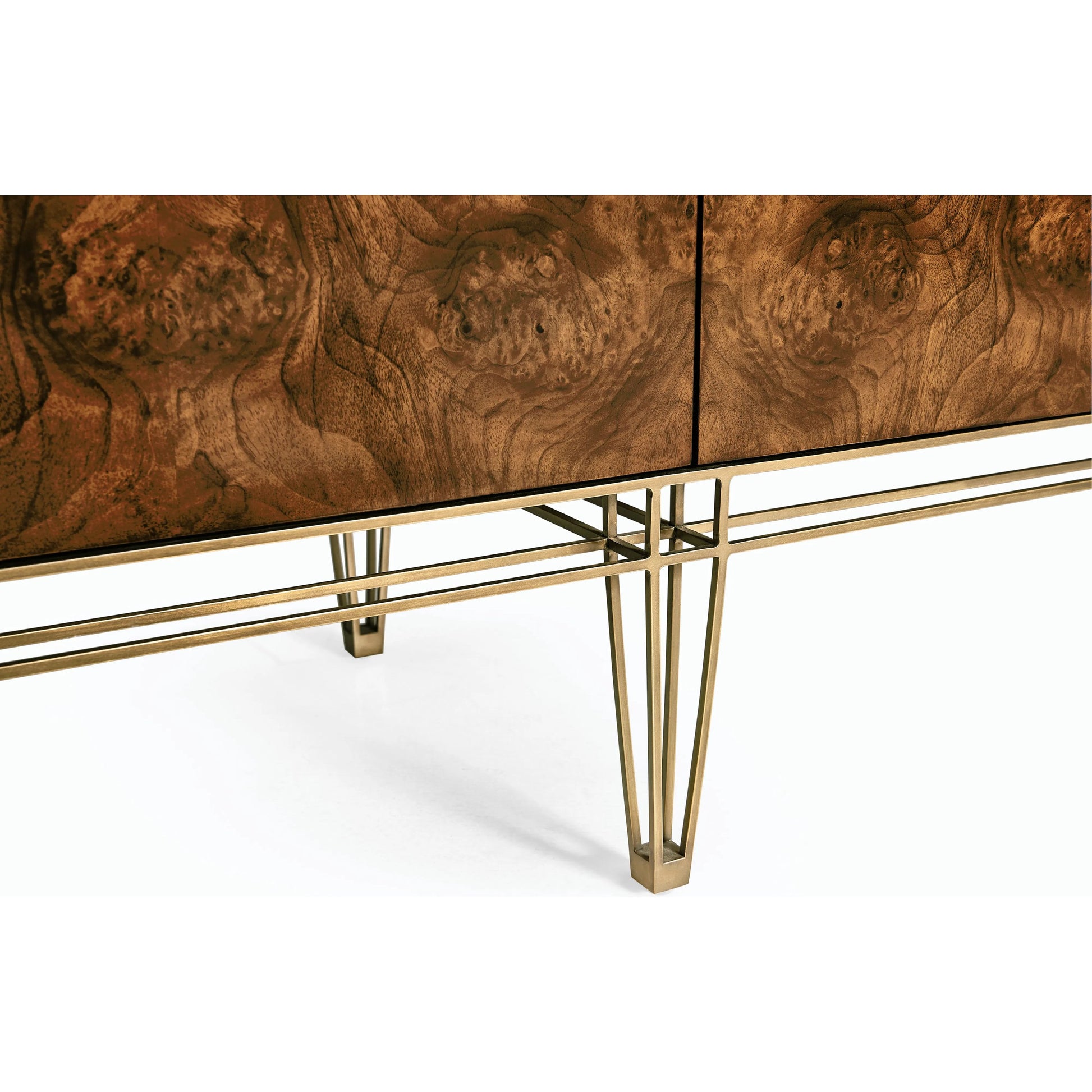 Xo Sideboard by Jonathan Charles in brown and walnut burl, bronze. Made from walnut burl, stainless steel, brass in a modern style.