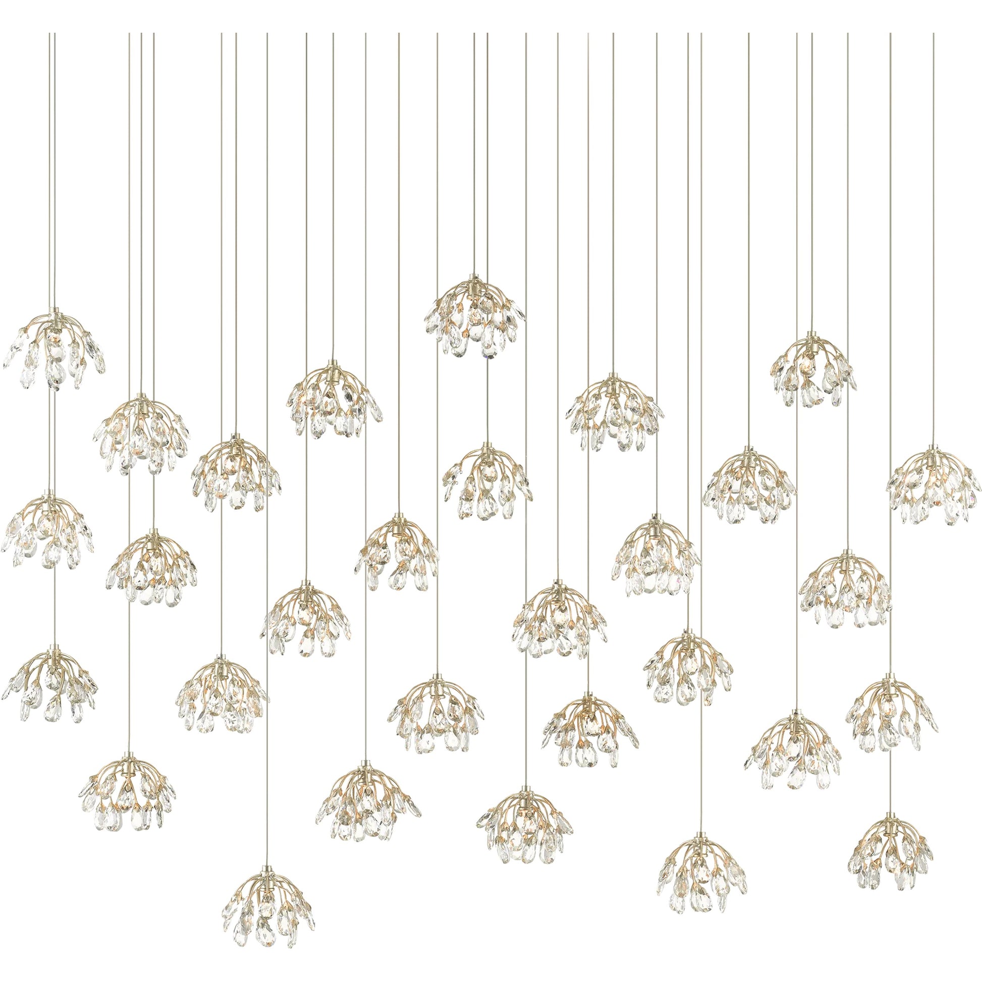 Crystal Bud Linear Pendant by Currey and Company in painted silver, contemporary silver leaf. Made from crystal, wrought iron in a transitional style.