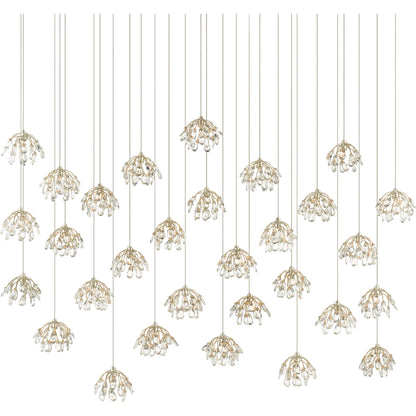 Crystal Bud Linear Pendant by Currey and Company in painted silver, contemporary silver leaf. Made from crystal, wrought iron in a transitional style.