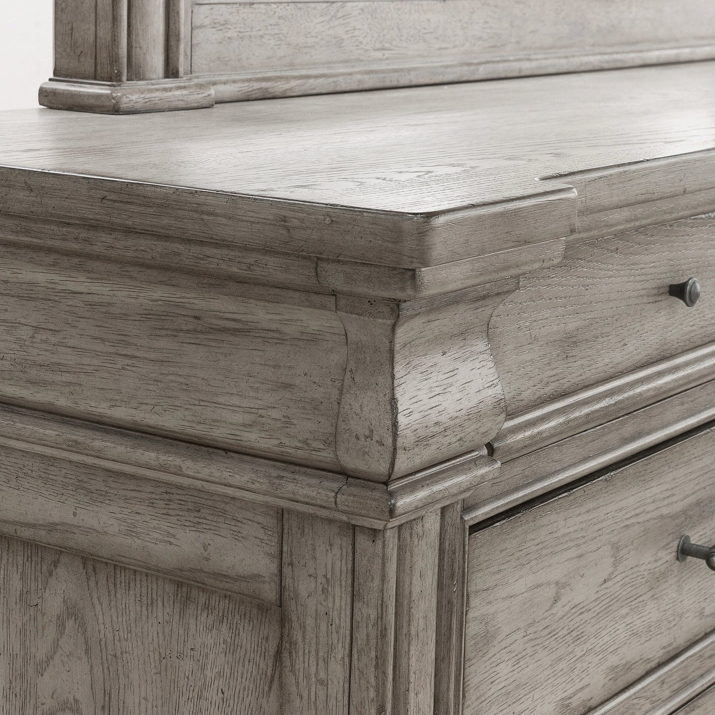 004 SI-2155607 | Closeup | Madison Ridge Dresser by Pulaski Furniture in bluff grey. Made from asian hardwood, oak veneers in a traditional style.