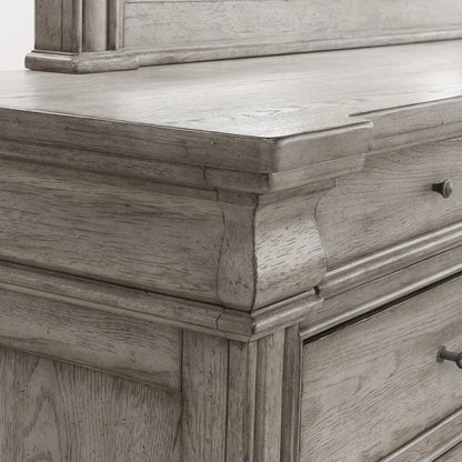 Madison Ridge Dresser/Mirror by Pulaski Furniture in bluff grey. Made from asian hardwood, oak veneers in a traditional style.
