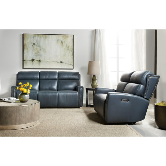 Ruthe Zerog Power Sofa by Hooker Furniture in salvo denim. Made from leather in a unique style.