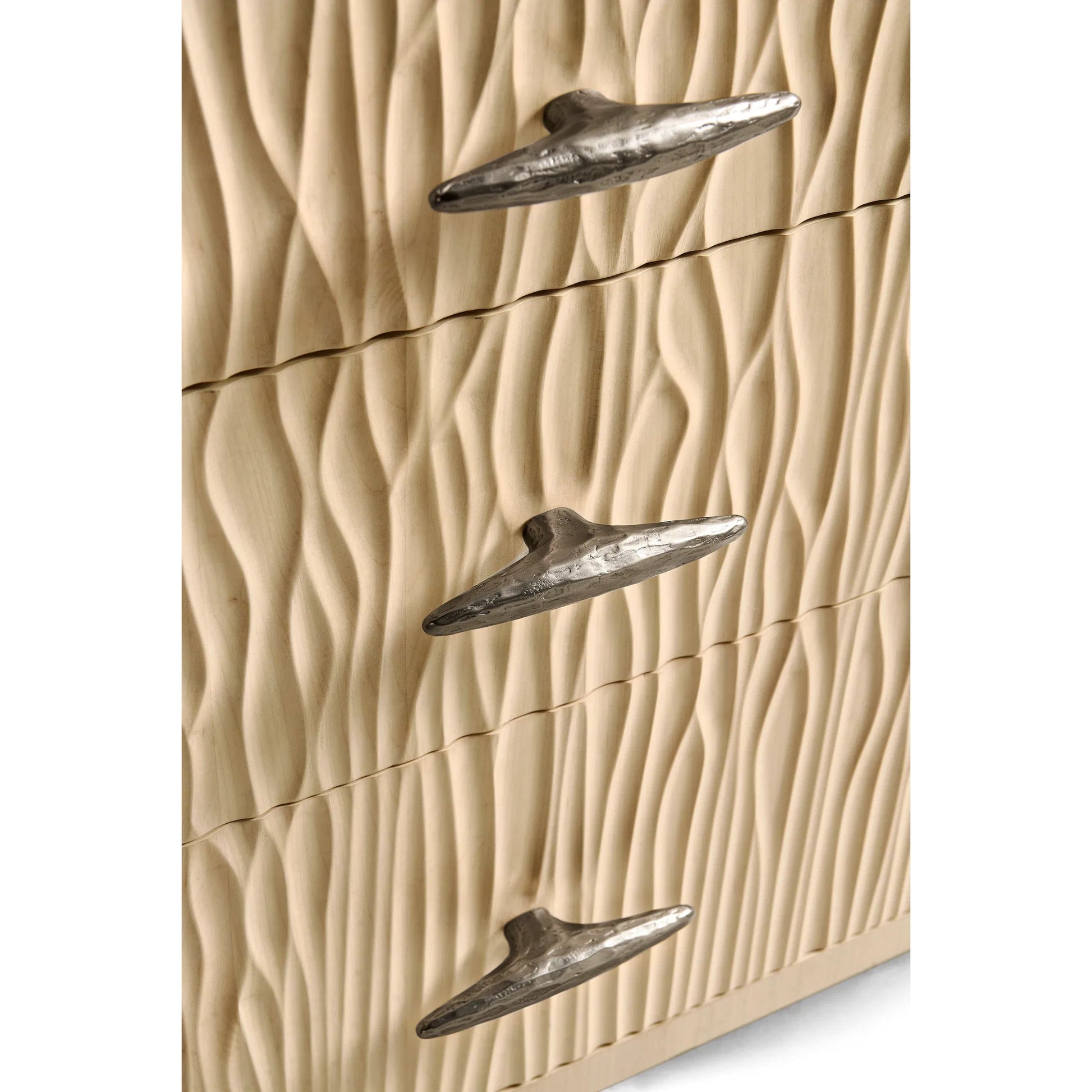 Water Breaker Mixed Media Credenza by Jonathan Charles in beige and ash blonde. Made from dyed koto veneer, bone, leather, metal in a transitional style.