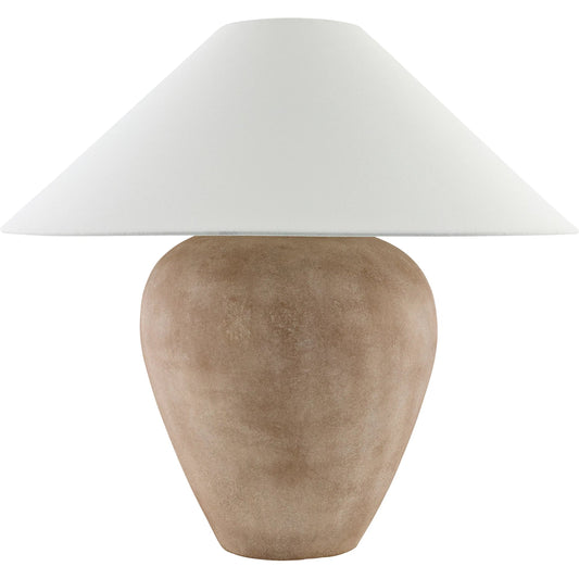 Camden Ford Accent Table Lamp by Galey Alix x Livabliss in body: brown; shade: white; finial: metallic - brass; harp: metallic - brass; cord: translucent and metallic, glazed. Made from ceramic, linen, polystyrene, iron in a