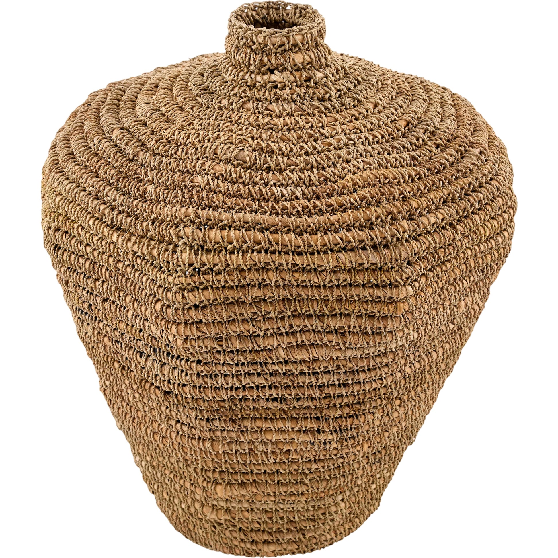 Chiya Vase by Galey Alix x Livabliss in brown and powder coated. Made from seagrass, iron in a unique style.