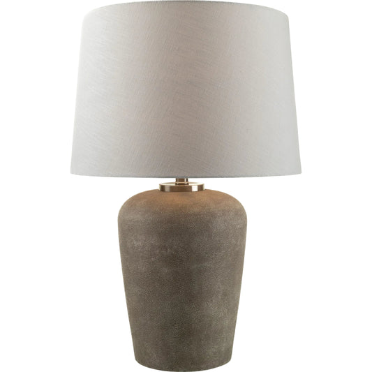 Cordova Accent Table Lamp by Livabliss in body: light gray; shade: white; finial: metallic - nickel; harp: metallic - nickel; cord: translucent. Made from resin, linen, polyester, iron in a transitional style.