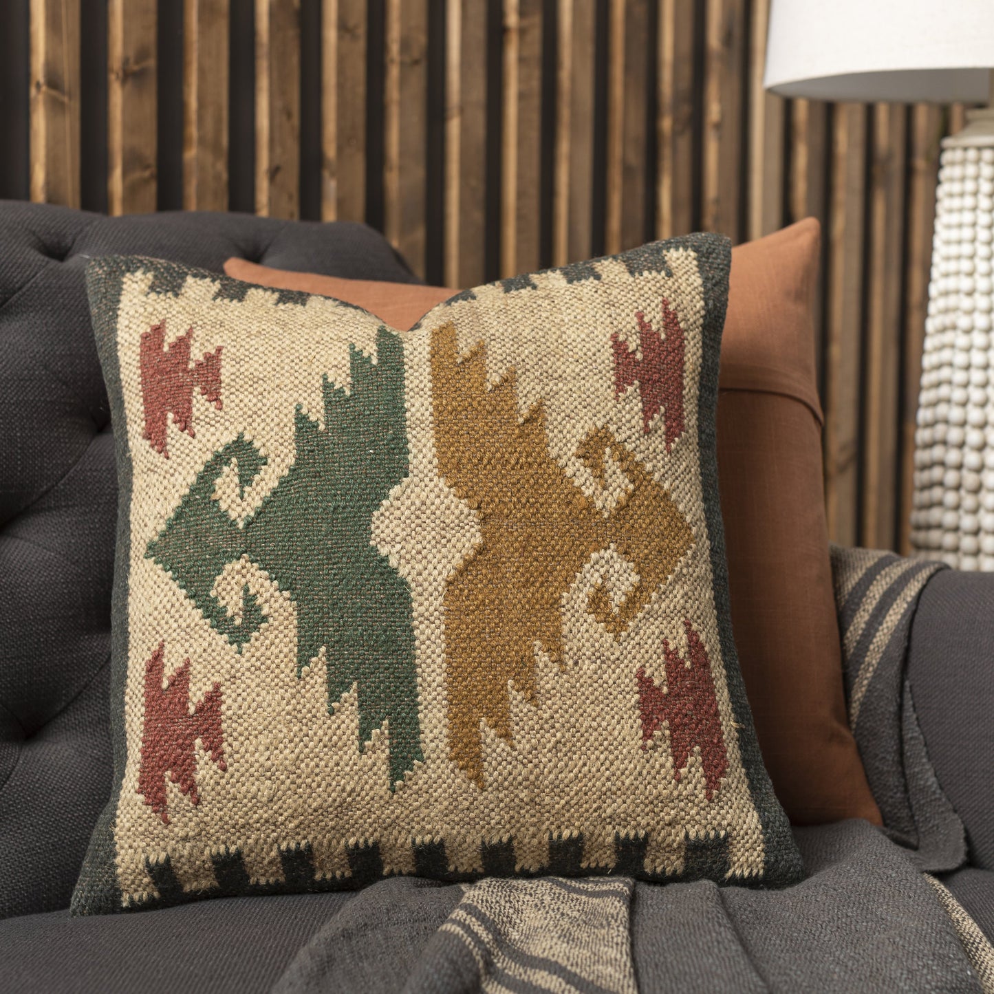 004 SI-1851265,SI-1851266 | Lifestyle | Gada Pillow - 17616 by Surya in amber, beige, brown, rust, dark green, navy. Made from 80% wool, 20% jute, 100% cotton in a rustic style.